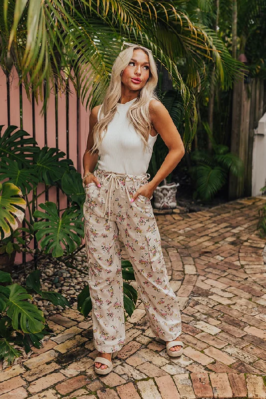 Free Spirit High Waist Floral Cargo Pants in Light Beige