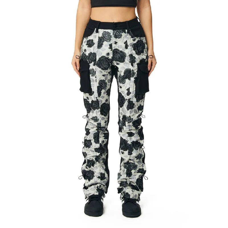 High Rise Stacked Flower Twill Pants - Black