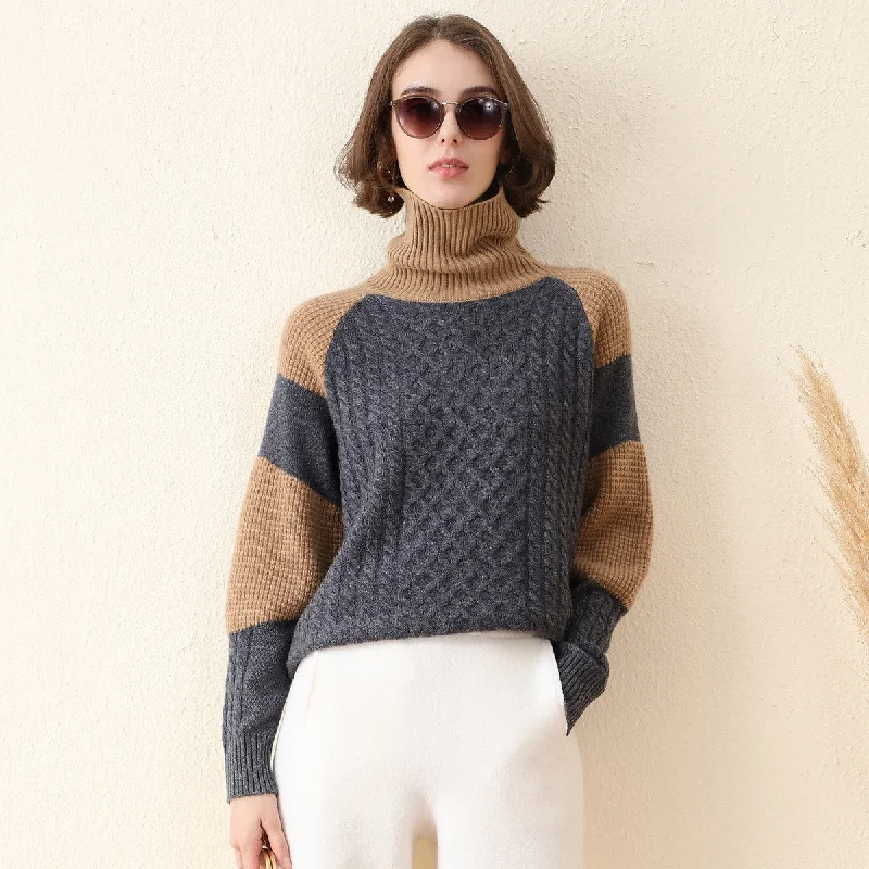 100% Cashmere Cable Knit Color Block Sweater