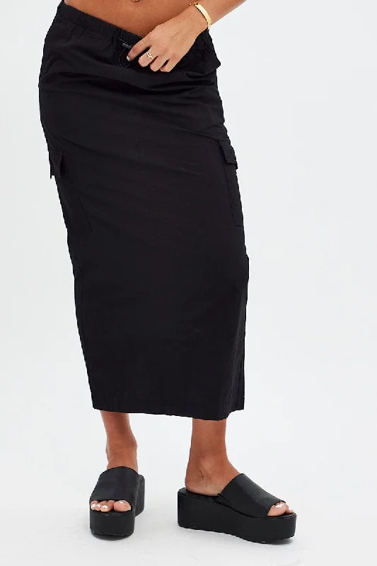 Black Cargo Skirt Midi Cotton