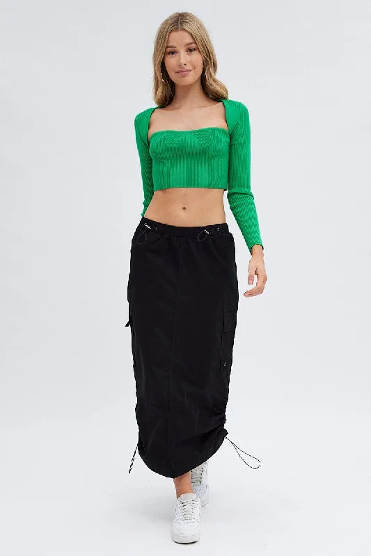 Black Parachute Cargo Skirt Low Rise Midi