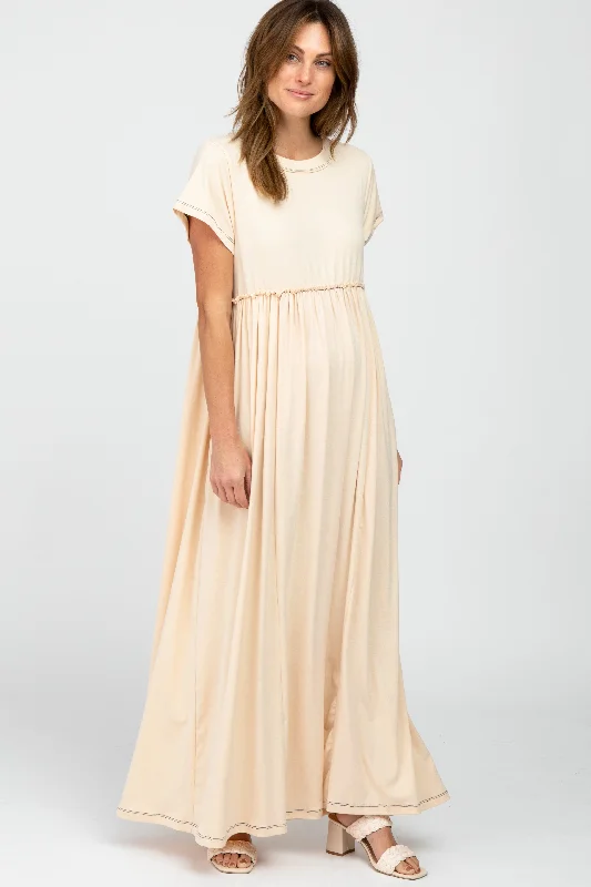 Beige Short Sleeve Babydoll Maxi Dress