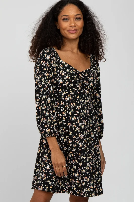 Black Floral Ribbed Ruched Bust Dress