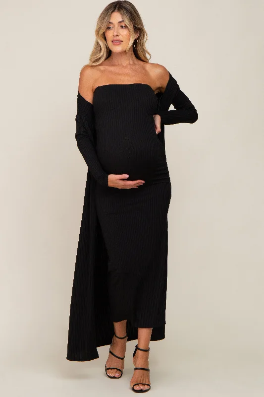 Black Ribbed Sleeveless Dress Cardigan Maternity Set