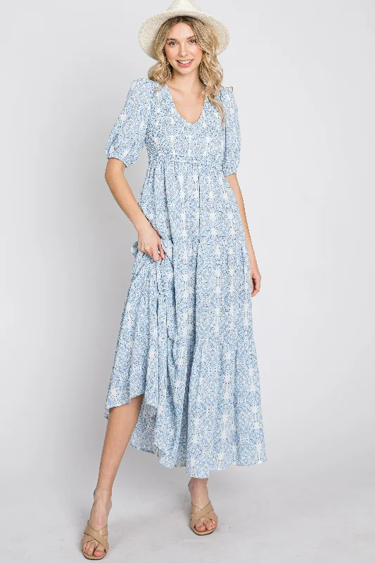 Blue Paisley Print Smocked Tiered Maxi Dress