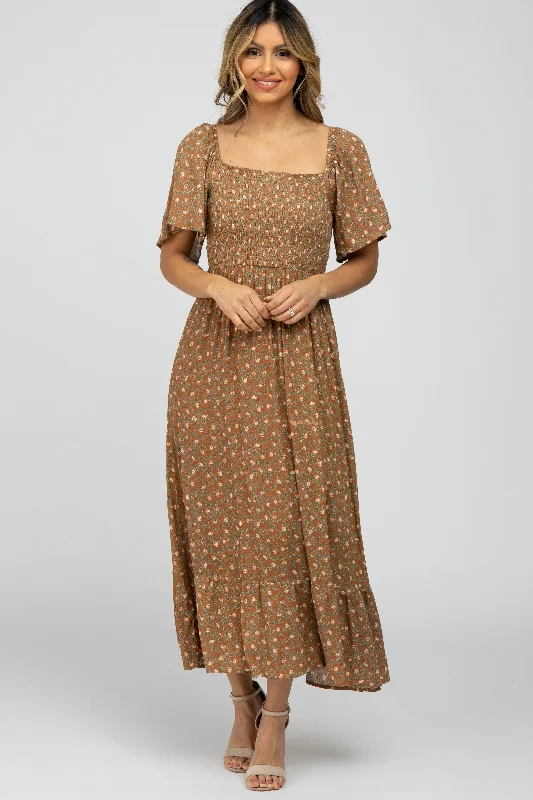 Camel Floral Smocked Square Neck Midi Dress