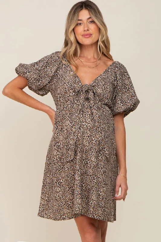 Cream Cheetah Print Knotted Puff Sleeve Maternity Dress