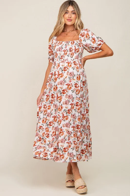 Cream Floral Smocked Square Neck Tiered Maternity Maxi Dress