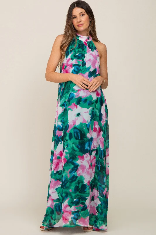 Green Multi-Color Halter Maternity Maxi Dress