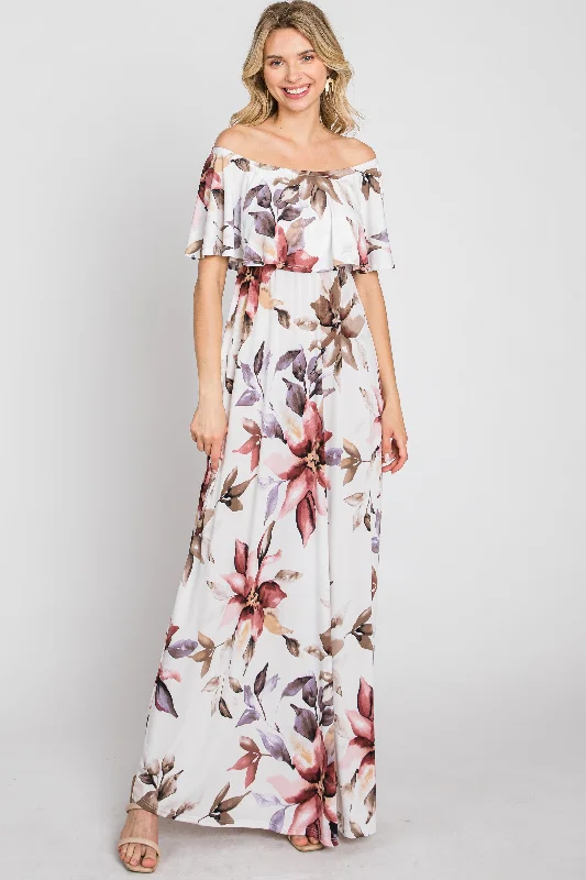 Ivory Floral Off Shoulder Maxi Dress