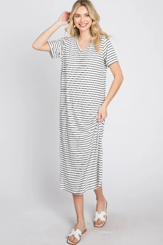 Ivory Striped Ribbed Midi Dress