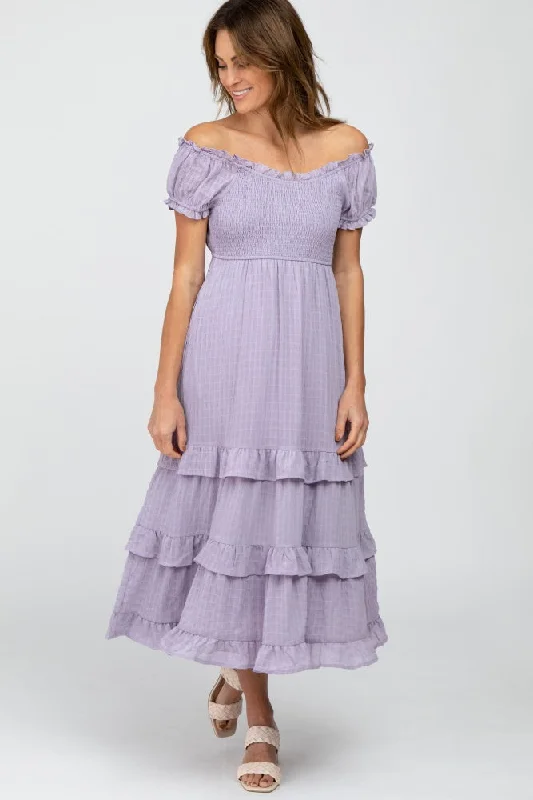 Lavender Smocked Ruffle Midi Dress