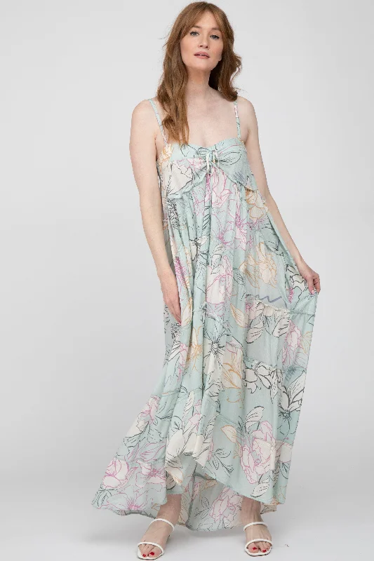 Light Blue Floral Front Tie Empire Maxi Dress