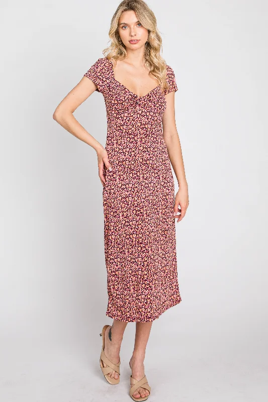 Mauve Floral Sweetheart Midi Dress