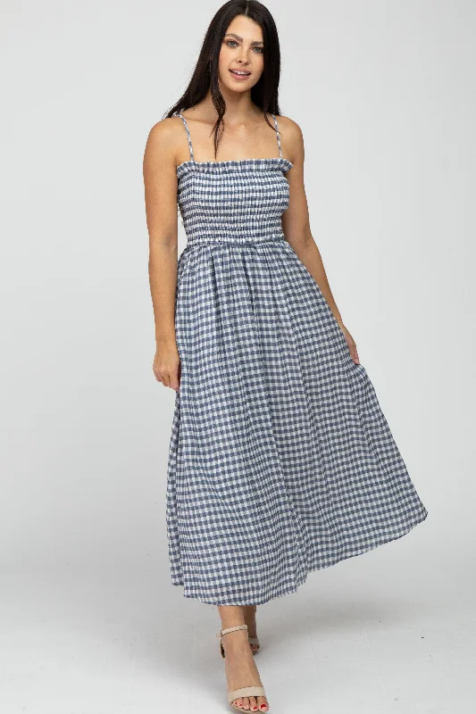 Navy Blue Checkered Square Neck Smocked Midi Dress