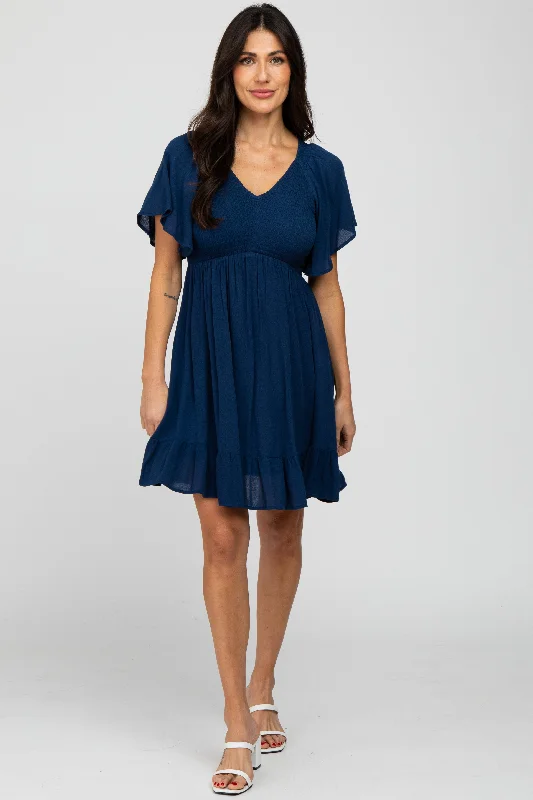 Navy Blue Smocked Front Ruffle Hem Dress