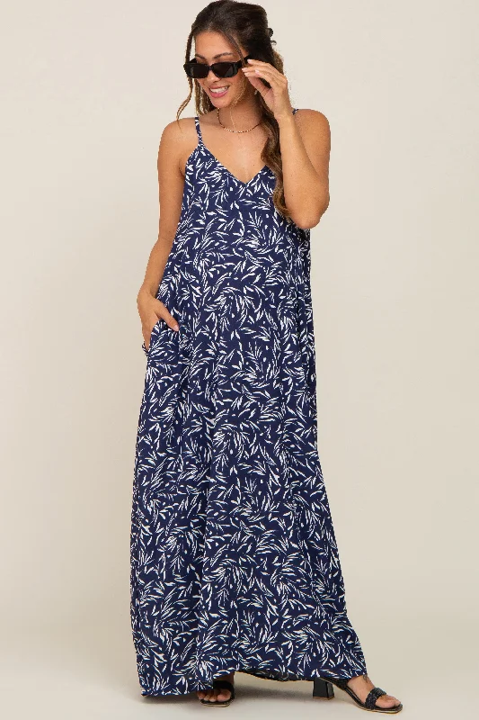 Navy Leaf Print Double V-Neck Maternity Maxi Dress