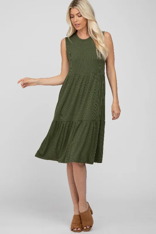 Olive Ribbed Tiered Midi Dress