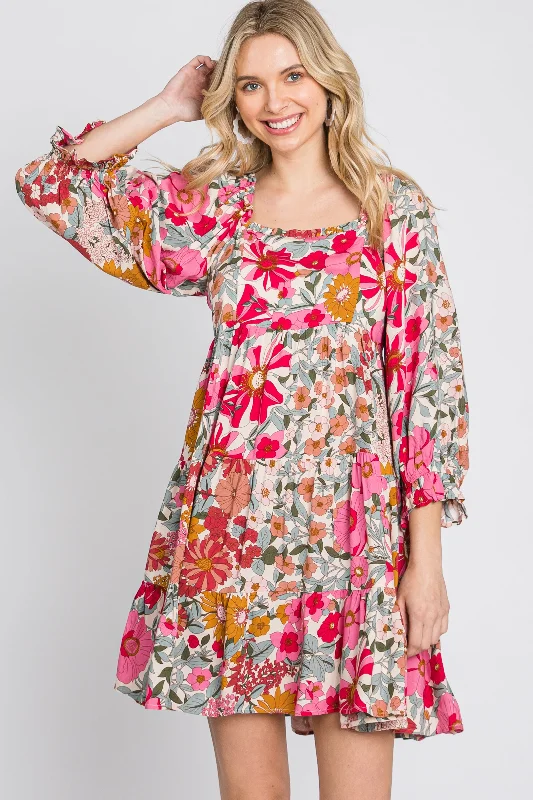 Pink Floral 3/4 Sleeve Tiered Dress