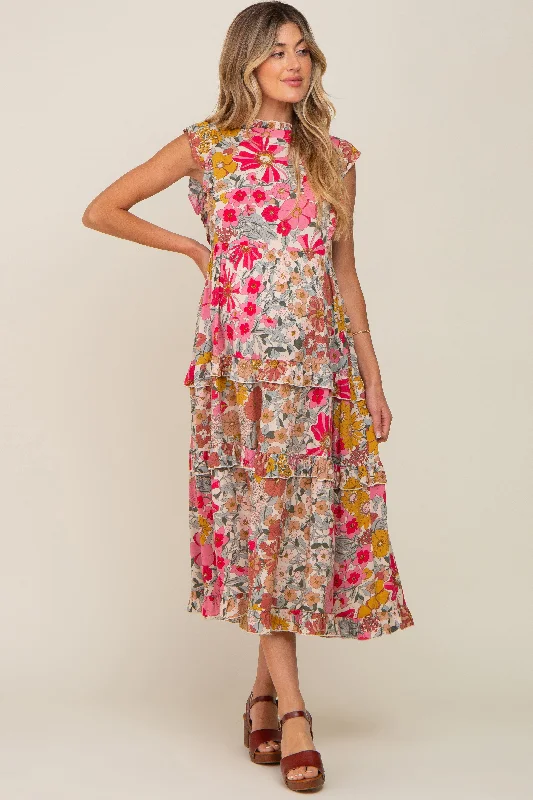 Pink Retro Floral Ruffle Tiered Maternity Midi Dress