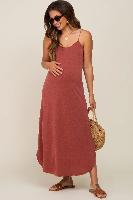 Rust Basic Maternity Midi Dress