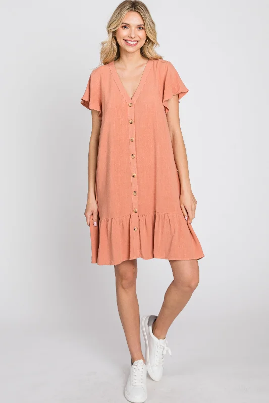 Salmon Button Accent Ruffle Hem Dress