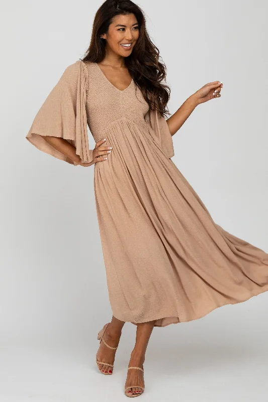 Taupe Smocked Front Ruffle Sleeve Midi Dress