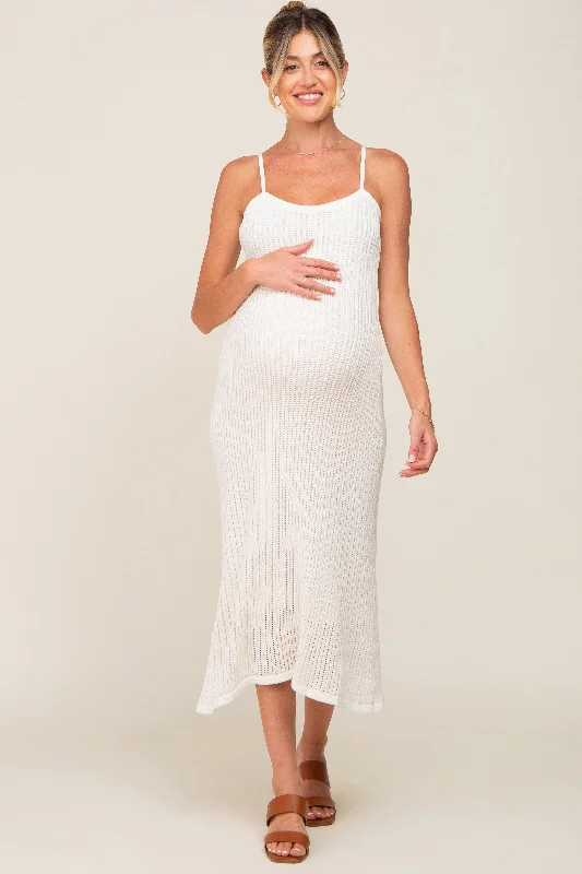 White Open Knit Crochet Maternity Midi Dress