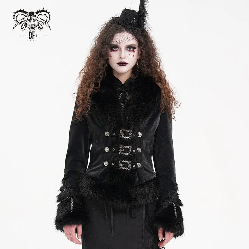 Women's Gothic Faux Fur Bucket-up Chain Jacket