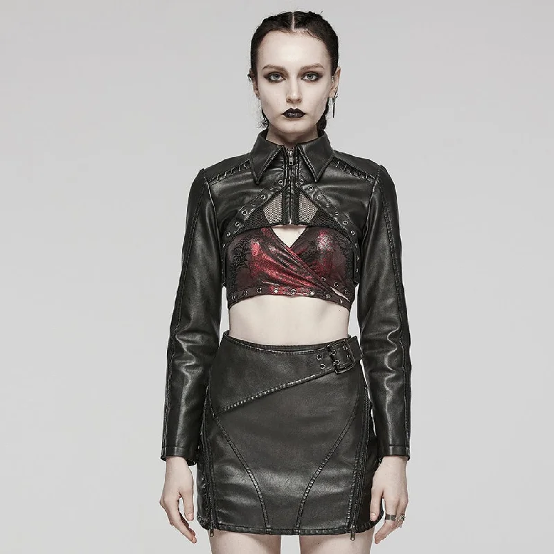 Women's Punk Eyelet Mesh Faux Leather Short Jacket