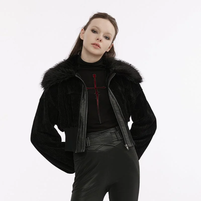 Women's Punk Fluffy Collar Double Zipper Jacket