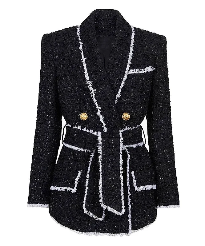 Black Tweed Belted Blazer