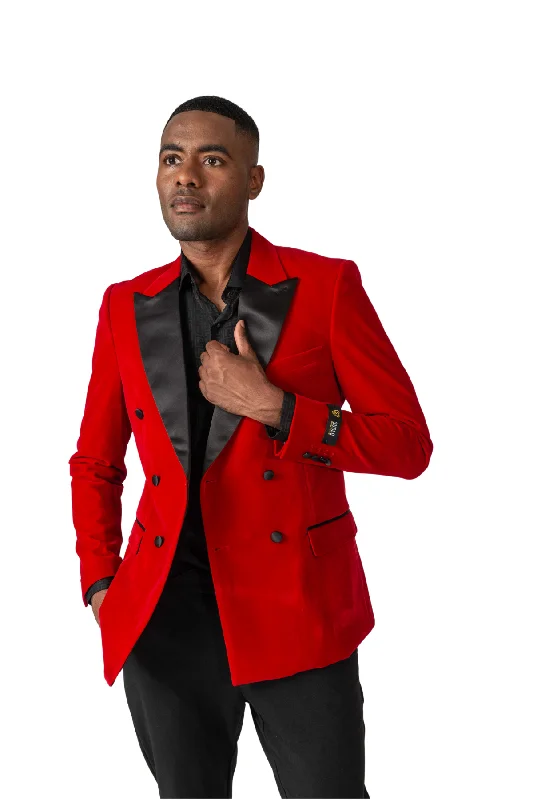 Double Breasted Velvet Blazer -Red