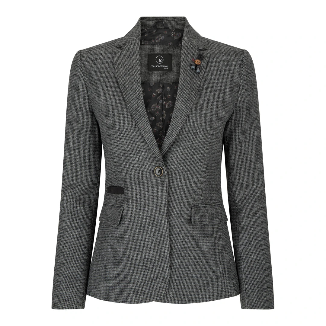 wsn01 - Women Grey Suit Blazer Waistcoat & Trousers in Tweed Herringbone