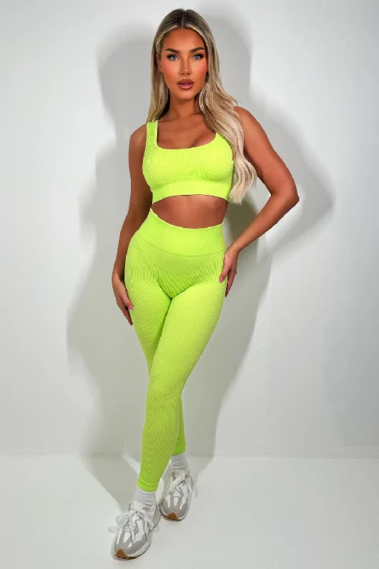 Leggings And Crop Top Ribbed Gym Set Bright Green