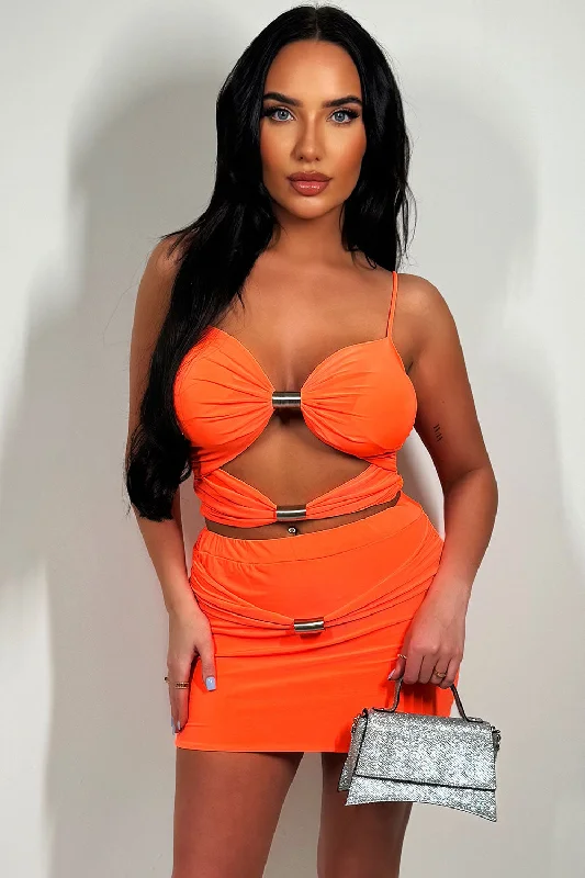 Mini Skirt And Cut Out Crop Top Set Neon Orange