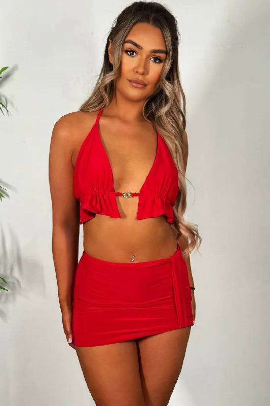 Skirt And Frill Edge Bikini Top Co Ord Set Red