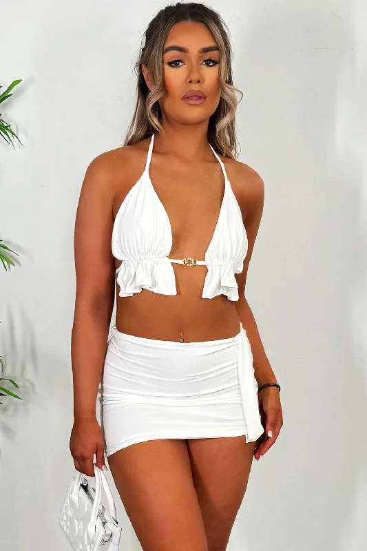 Skirt And Frill Edge Bikini Top Co Ord Set White