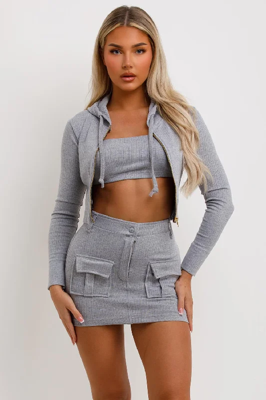 Skirt Crop Hoodie And Bandeau Top Three Piece Set Grey