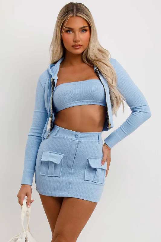 Skirt Crop Hoodie And Bandeau Top Three Piece Set Sky Blue