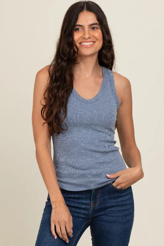 Blue V-Neck Ribbed Tank Top